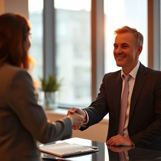 Een succesvolle kandidaat schudt de hand met een interviewer, symboliseert een positieve sollicitatie ervaring.