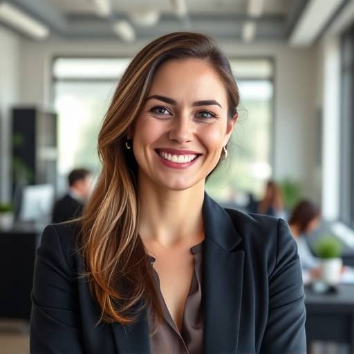 Zelfverzekerde vrouw in een professionele omgeving, lachend en klaar voor succes.